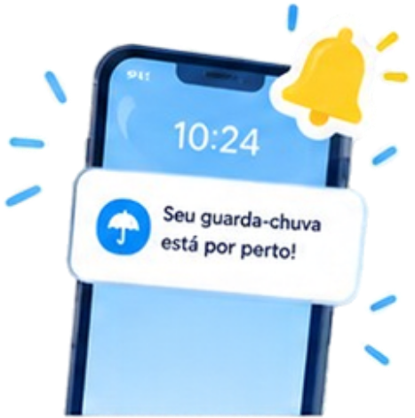 Celular com a notificação "Seu guarda-chuva está por perto!"