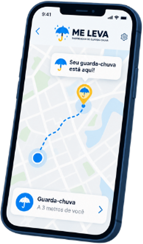 Celular com o app ME LEVA mostrando o guarda-chuva no mapa