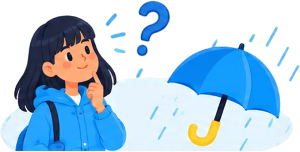 Menina pensativa ao lado de um guarda-chuva azul na chuva