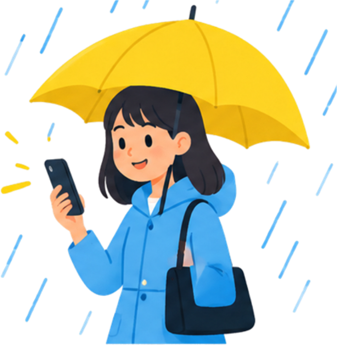Menina de capa de chuva com guarda-chuva amarelo, olhando o celular